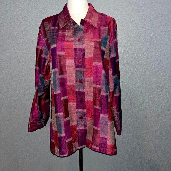 ANU 100% Pure Raw Silk Made in India Button Down Shirt Blouse in Fuchsias EUC- M - Picture 1 of 7